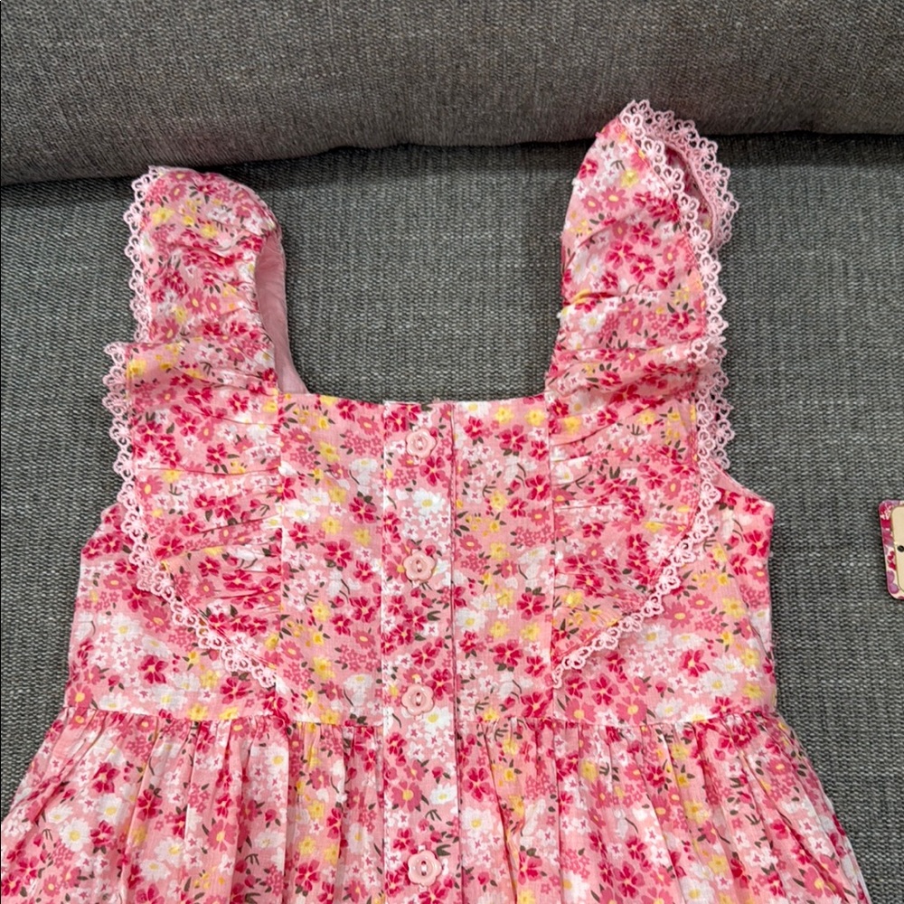 Floral Pink and Yellow Dress with Lace Trim